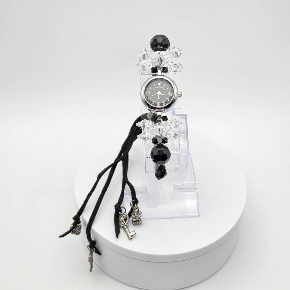 Beaded Black and Clear Crystal Bracelet Watch - Unbranded